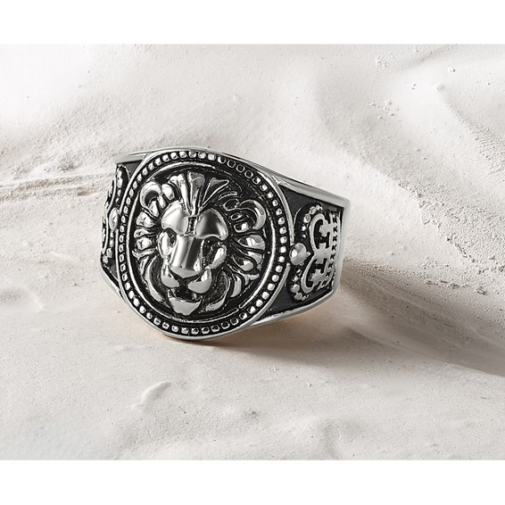 Chisel Stainless Steel Antiqued and Polished Lion Ring